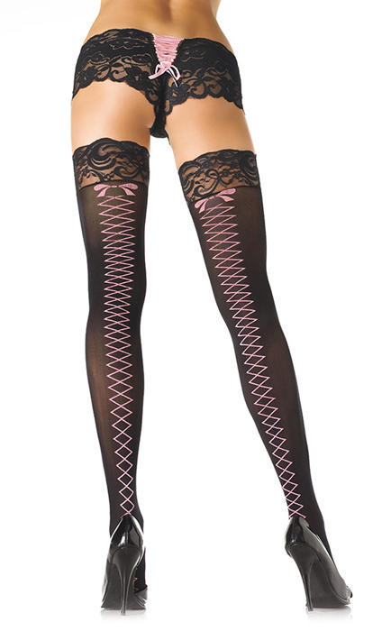 Leg Avenue Stay Up Lace Top Lycra Faux Lace Up Back Stocking