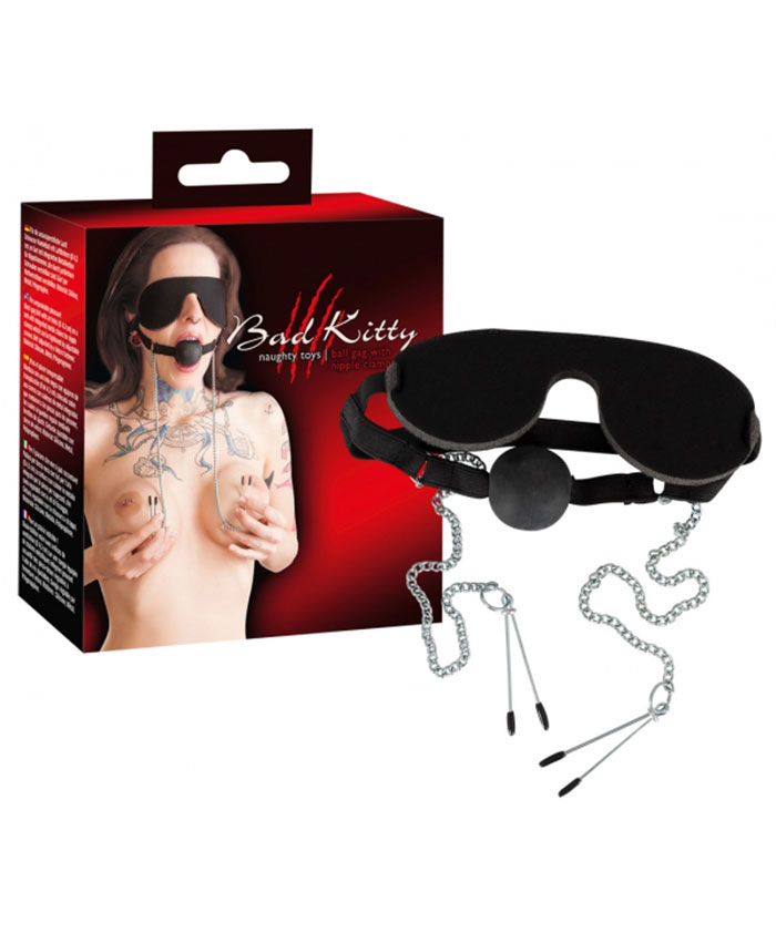 Bad Kitty Gag With Chain Nipple Clamps And Mask