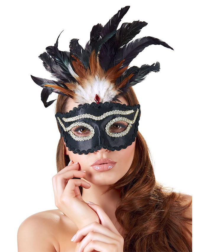Feather Mask Black With Golden Ribbon